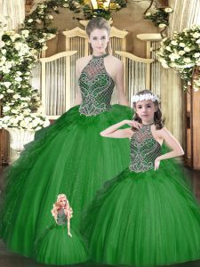 Green Halter Top Lace Up Beading and Ruffles 15th Birthday Dress Sleeveless