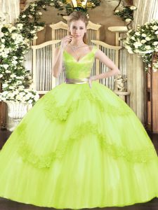 Unique Yellow Green Zipper Ball Gown Prom Dress Beading and Appliques Sleeveless Floor Length