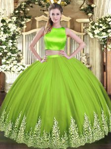 Edgy High-neck Sleeveless Ball Gown Prom Dress Floor Length Appliques Yellow Green Tulle