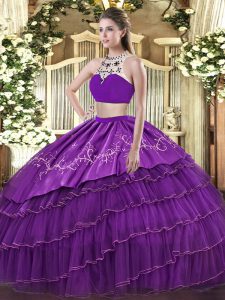 Glittering Floor Length Two Pieces Sleeveless Purple Quince Ball Gowns Backless