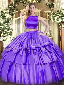 Romantic Floor Length Purple Vestidos de Quinceanera Tulle Sleeveless Ruffled Layers