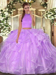 Most Popular Organza Halter Top Sleeveless Backless Beading and Ruffles Vestidos de Quinceanera in Lilac