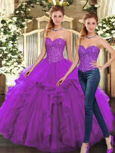 Decent Sleeveless Floor Length Beading and Ruffles Lace Up Vestidos de Quinceanera with Purple
