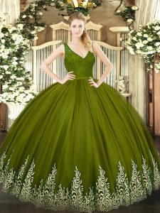 Superior Sleeveless Floor Length Beading and Ruffled Layers Zipper Ball Gown Prom Dress with Olive Green