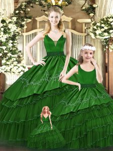 Organza V-neck Sleeveless Lace Up Beading and Embroidery and Ruffled Layers Ball Gown Prom Dress in Green