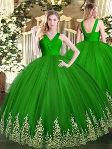 Customized V-neck Sleeveless Zipper Quinceanera Gown Green Tulle