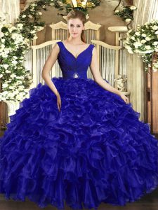 Hot Sale Royal Blue Backless 15th Birthday Dress Beading and Ruffles Sleeveless Floor Length