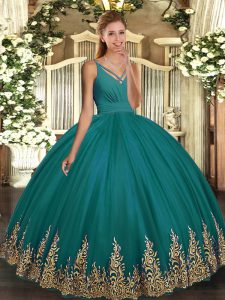 Floor Length Turquoise Quinceanera Dress V-neck Sleeveless Backless