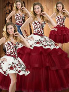 Comfortable Wine Red Lace Up 15th Birthday Dress Embroidery Sleeveless Sweep Train