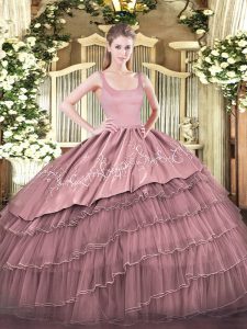 Simple Floor Length Pink 15th Birthday Dress Organza Sleeveless Embroidery and Ruffled Layers