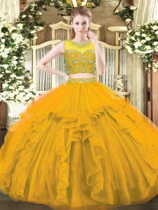 Custom Designed Gold Zipper Ball Gown Prom Dress Beading and Ruffles Sleeveless Floor Length