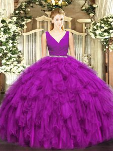 New Arrival Two Pieces Quinceanera Gown Fuchsia V-neck Tulle Sleeveless Floor Length Zipper