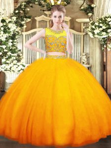 Extravagant Orange Two Pieces Beading Quinceanera Dresses Zipper Tulle Sleeveless Floor Length