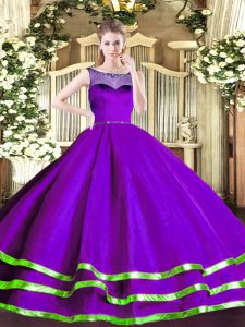 Luxurious Purple Organza Zipper Quinceanera Gowns Sleeveless Floor Length Beading and Ruffled Layers