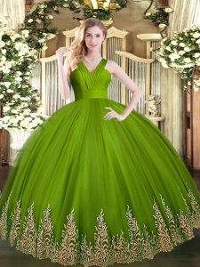 Fine Olive Green Tulle Zipper V-neck Sleeveless Floor Length Quinceanera Dresses Appliques