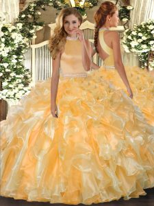 Floor Length Backless Quinceanera Dress Gold for Military Ball and Sweet 16 and Quinceanera with Beading and Ruffles