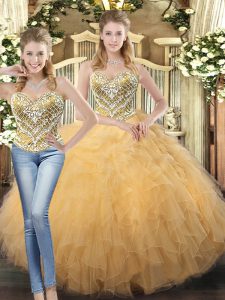 Superior Gold Sleeveless Floor Length Beading and Ruffles Lace Up Sweet 16 Dresses
