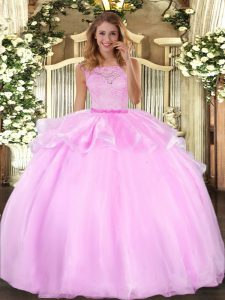 Pretty Lilac Clasp Handle Scoop Lace Ball Gown Prom Dress Organza Sleeveless