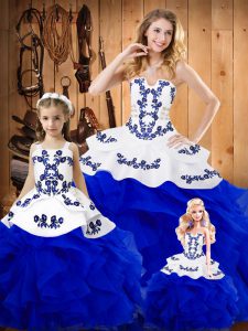 Royal Blue Lace Up Strapless Embroidery and Ruffles 15th Birthday Dress Tulle Sleeveless