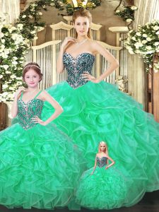 Captivating Sweetheart Sleeveless Sweet 16 Dresses Floor Length Ruffles Green Organza