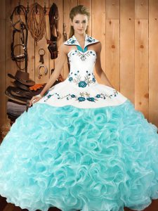 Fantastic Fabric With Rolling Flowers Sleeveless Floor Length Quinceanera Gowns and Embroidery