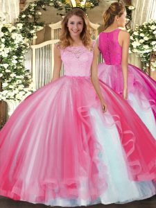 Simple Hot Pink Sleeveless Lace and Ruffles Floor Length Quinceanera Dresses