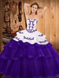 Exquisite Purple Ball Gowns Tulle Strapless Sleeveless Embroidery and Ruffled Layers Lace Up Sweet 16 Dresses Sweep Train