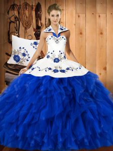 Wonderful Ball Gowns Quinceanera Gown Blue And White Halter Top Satin and Organza Sleeveless Floor Length Lace Up