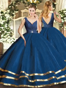 Navy Blue Ball Gowns Beading and Ruffled Layers Quinceanera Dresses Backless Tulle Sleeveless Floor Length