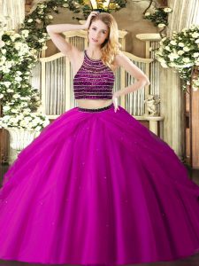Fuchsia Ball Gowns Beading and Ruching Ball Gown Prom Dress Zipper Tulle Sleeveless Floor Length