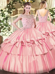Rose Pink Zipper Sweet 16 Quinceanera Dress Beading and Ruffled Layers Sleeveless Floor Length