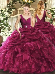 Custom Fit Ball Gowns 15 Quinceanera Dress Burgundy V-neck Organza Sleeveless Floor Length Backless