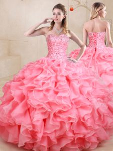 Affordable Sweetheart Sleeveless Lace Up Quinceanera Gowns Watermelon Red Organza