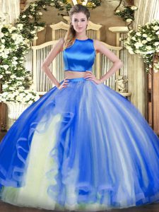 Blue Sleeveless Ruffles Floor Length Ball Gown Prom Dress