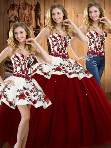 Dramatic Wine Red Lace Up Quinceanera Gown Embroidery Sleeveless Floor Length