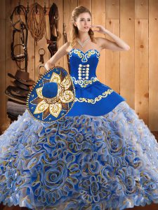 Satin and Fabric With Rolling Flowers Sweetheart Sleeveless Sweep Train Lace Up Embroidery Sweet 16 Dress in Multi-color