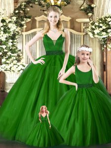 Floor Length Green 15 Quinceanera Dress V-neck Sleeveless Zipper