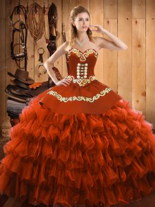 Vintage Rust Red Satin and Organza Lace Up Sweetheart Sleeveless Floor Length Quinceanera Dresses Embroidery and Ruffled Layers