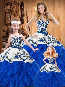 Extravagant Blue Satin and Organza Lace Up Sweetheart Sleeveless Floor Length Sweet 16 Dress Embroidery and Ruffles