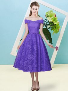 Lavender Cap Sleeves Tea Length Bowknot Lace Up Court Dresses for Sweet 16