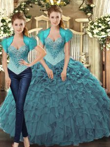 Elegant Floor Length Teal Quince Ball Gowns Straps Sleeveless Lace Up