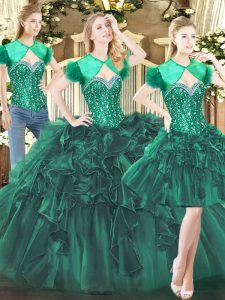 Dark Green Sweetheart Neckline Beading and Ruffles Quince Ball Gowns Sleeveless Lace Up