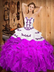 New Style Purple Sleeveless Satin and Organza Lace Up Quinceanera Gown for Military Ball and Sweet 16 and Quinceanera
