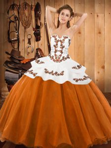 Perfect Orange Red Ball Gowns Strapless Sleeveless Tulle Floor Length Lace Up Embroidery Quinceanera Gowns