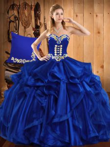 Sleeveless Organza Floor Length Lace Up Vestidos de Quinceanera in Royal Blue with Embroidery and Ruffles