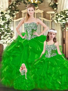 Green Strapless Lace Up Beading and Ruffles 15th Birthday Dress Sleeveless