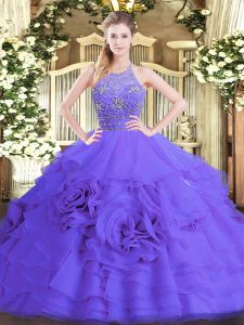 Purple Ball Gowns Tulle Halter Top Sleeveless Beading and Ruffled Layers Floor Length Zipper Quinceanera Dresses