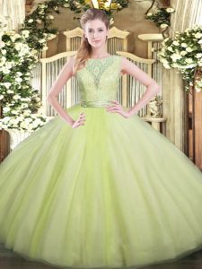 Floor Length Backless Sweet 16 Dresses Yellow Green for Military Ball and Sweet 16 and Quinceanera with Lace