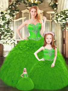 Edgy Green Lace Up Sweet 16 Quinceanera Dress Beading and Ruffles Sleeveless Floor Length