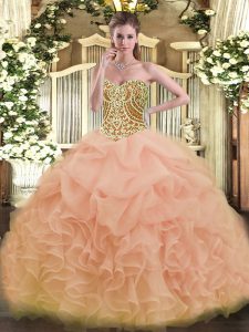 Peach Ball Gowns Sweetheart Sleeveless Organza Floor Length Lace Up Beading and Ruffles Quinceanera Gowns